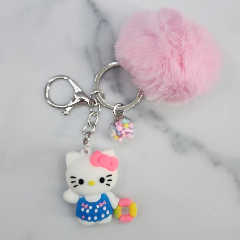 Hello Kitty 3D Figure Keychain, large puff ball & mini bead filled globe bubble